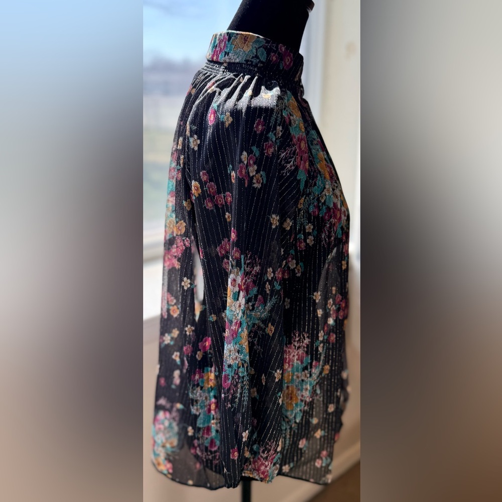 Vintage 90’s sheer black floral button front blouse top gold metallic large - Picture 4 of 12